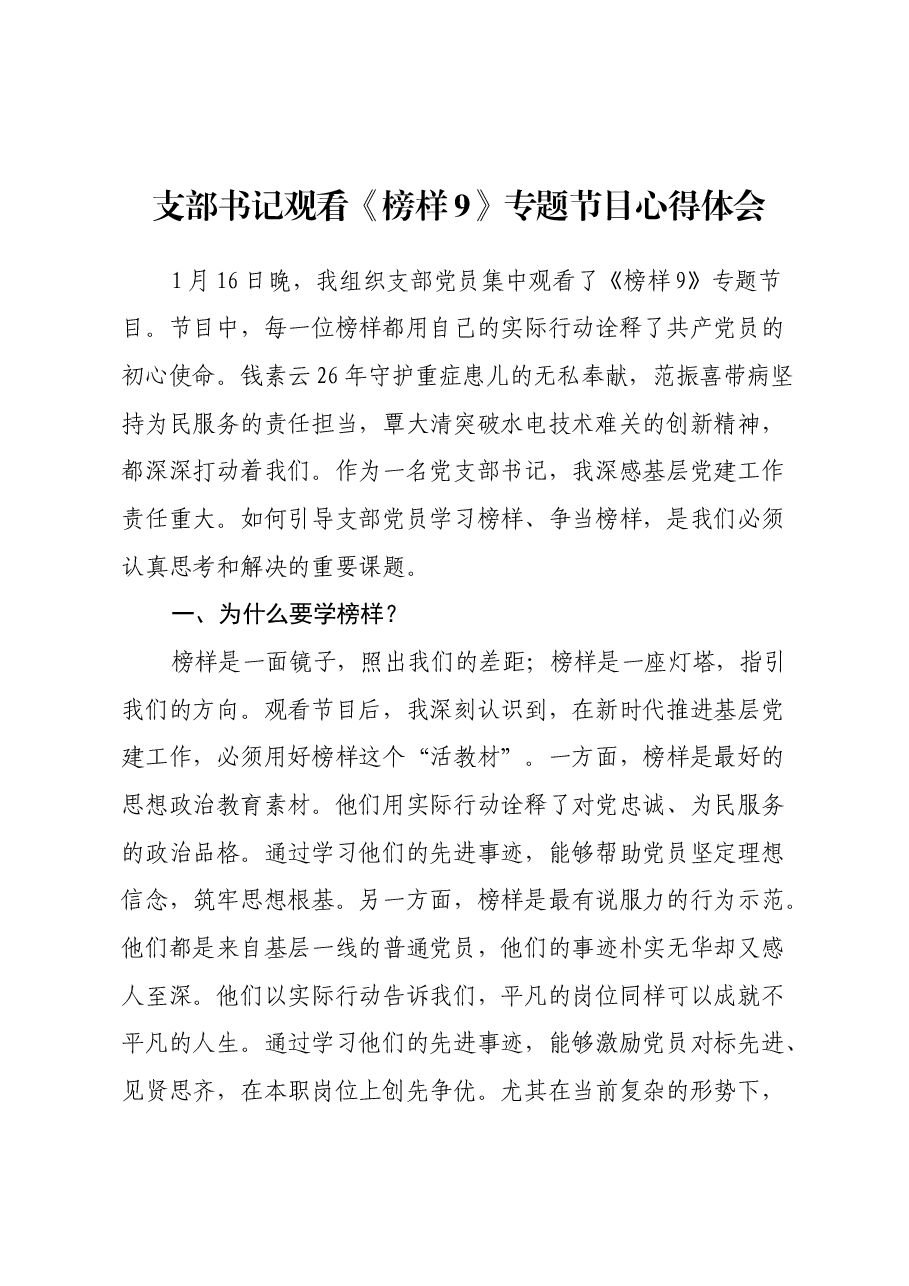 支部书记观看《榜样9》专题节目心得体会.docx,第1页预览