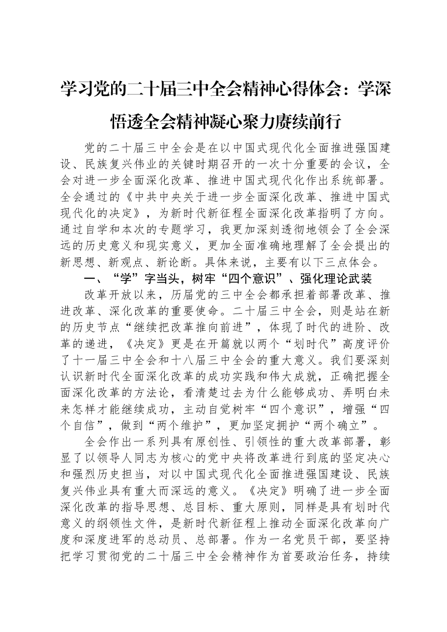 学习党的二十届三中全会精神心得体会:学深悟透全会精神凝心聚力赓续前行.docx,第1页预览