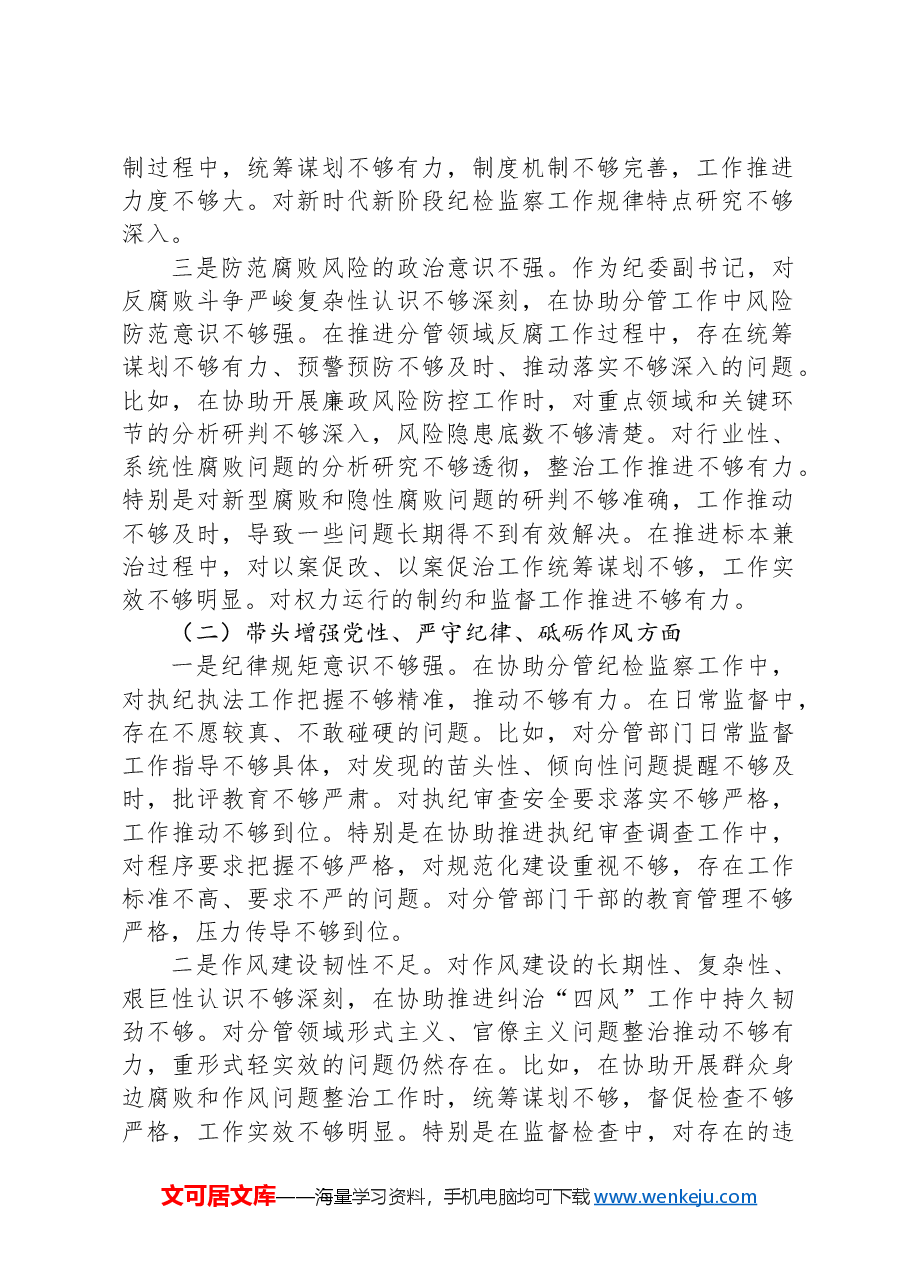 纪委副书记2024年度民主生活会对照检查材料(四个带头).docx,第2页预览