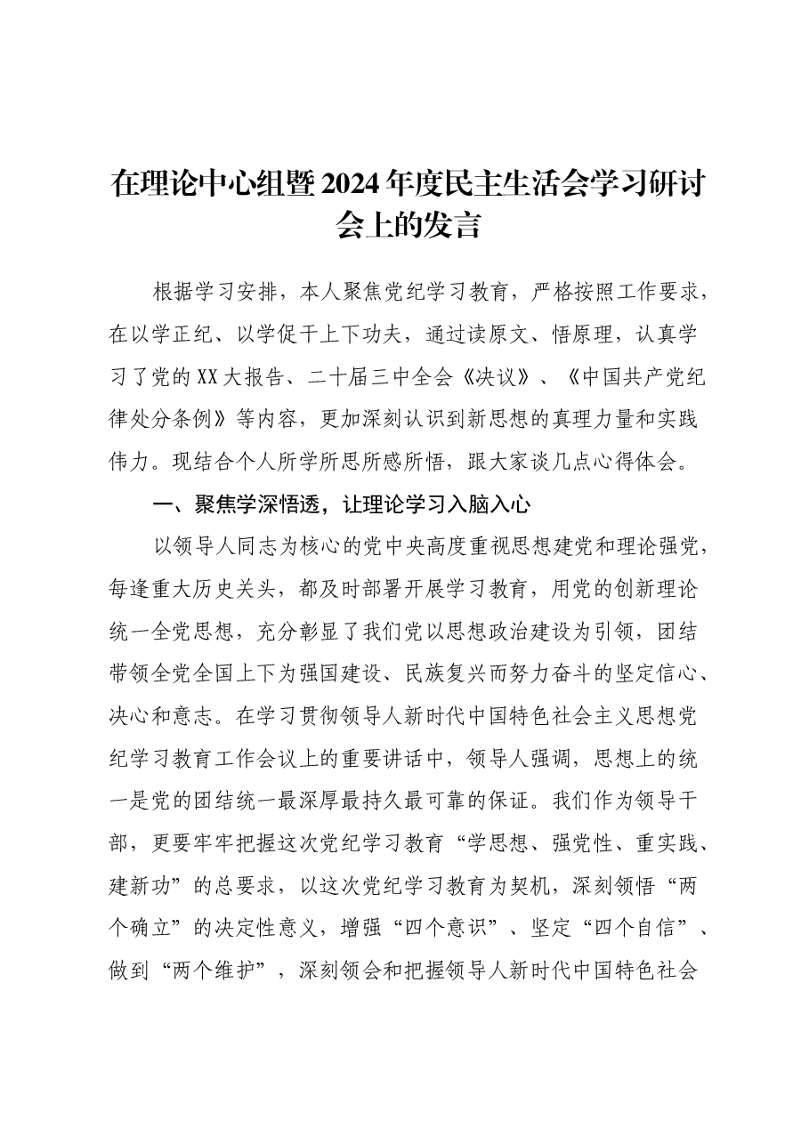 在理论中心组暨2024年度民主生活会学习研讨会上的发言.docx,第1页预览