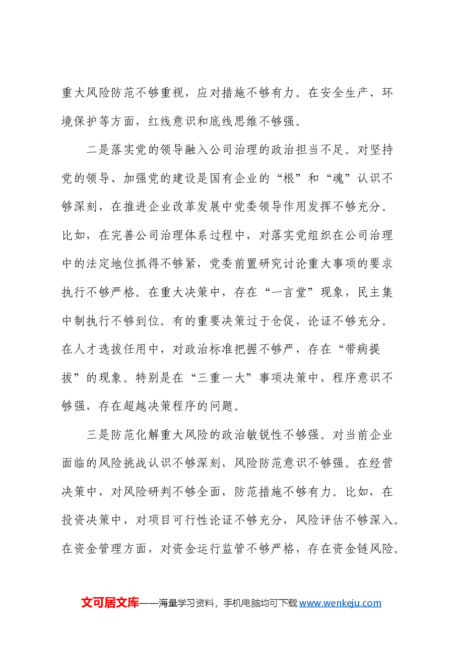 国企公司一把手2024年民主生活会个人对照检查.docx，第2页预览