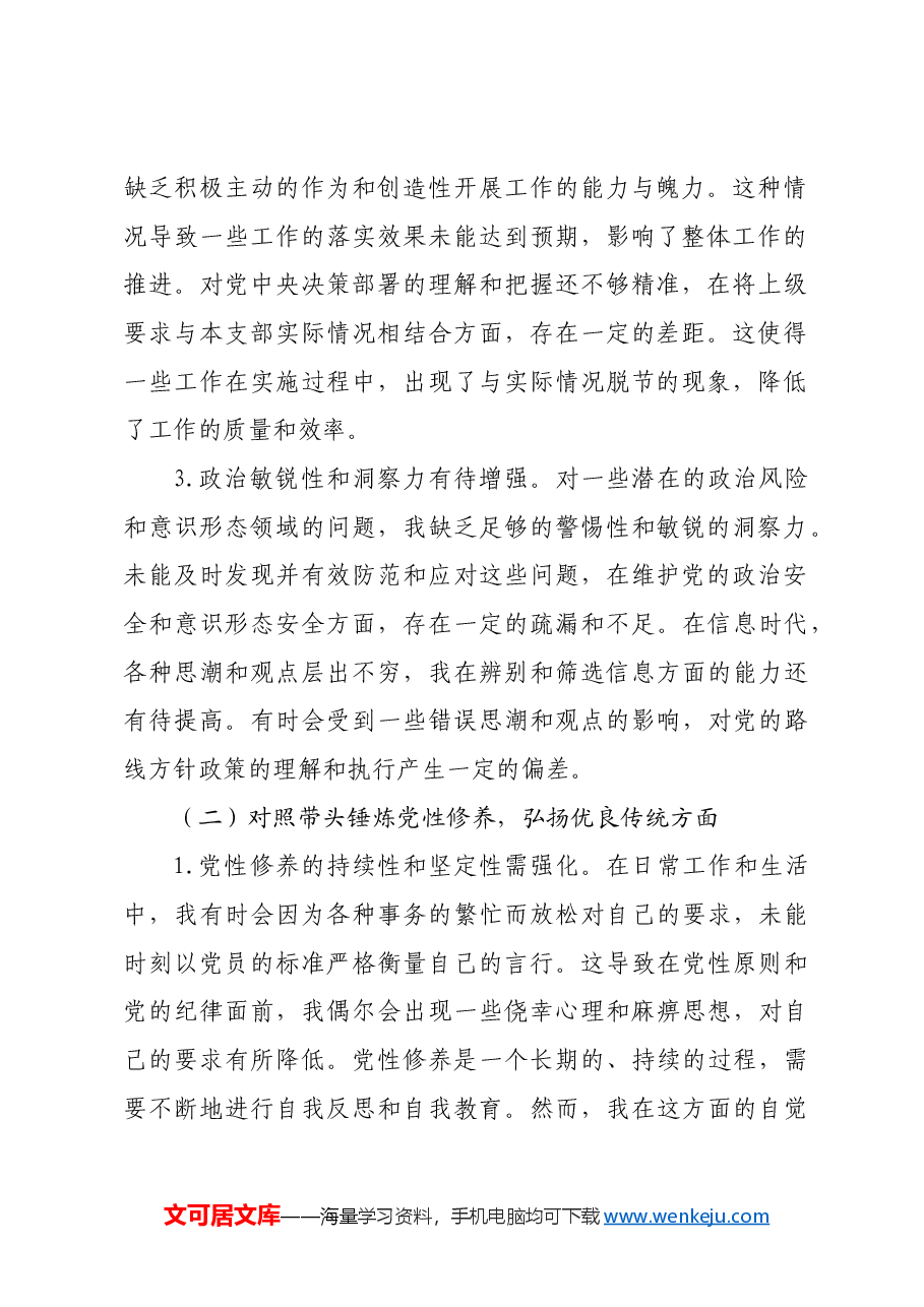 党支部副书记2024年组织生活会“四个带头”对照检查发言材料.docx，第2页预览