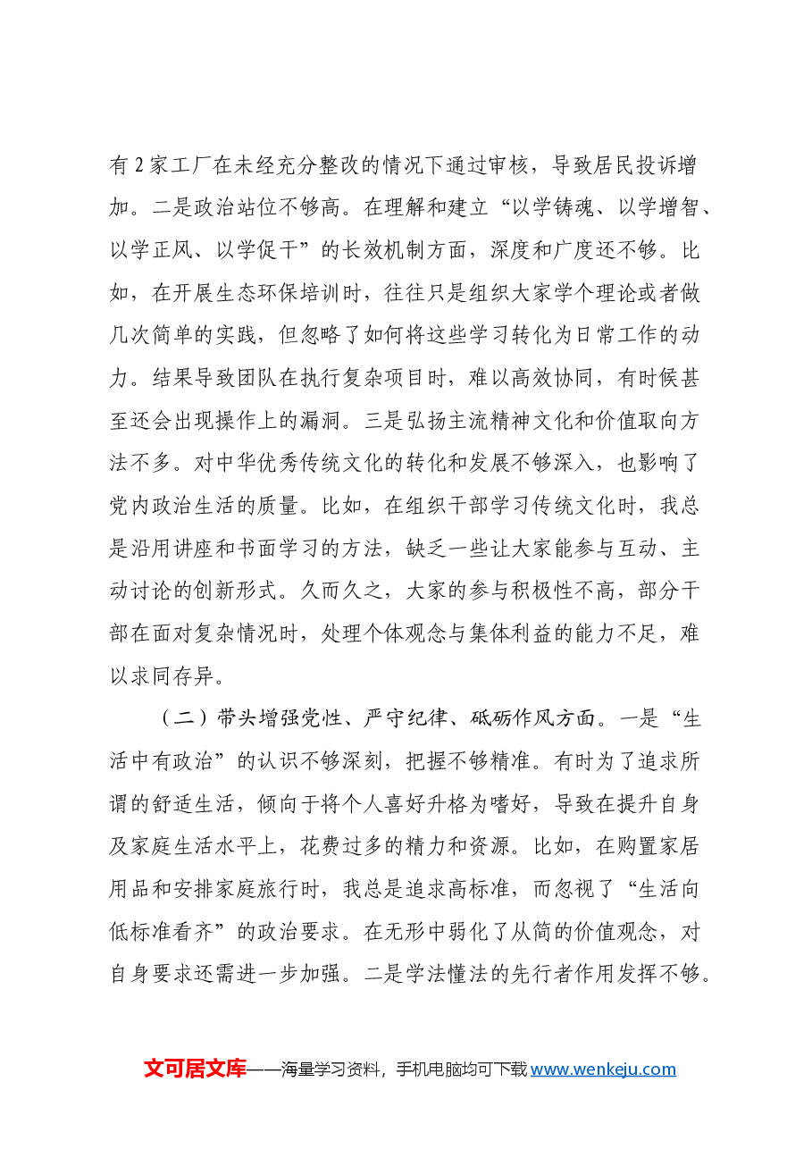 市生态环境局局长2024年度民主生活会“四个带头”对照检查材料.docx,第2页预览