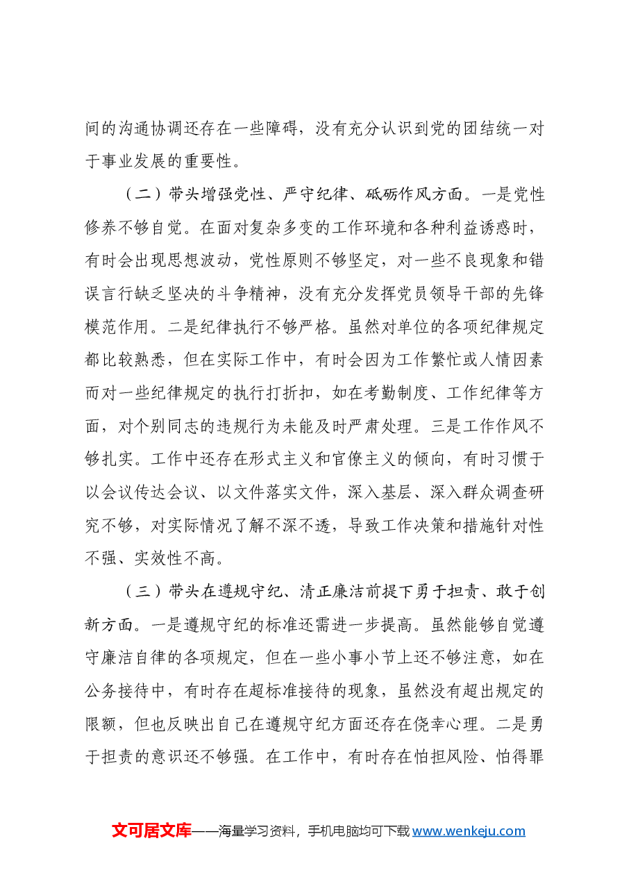 市直单位党组书记2024年民主生活会个人对照检查发言材料（四个带头+个人事项+典型案例）.docx，第2页预览