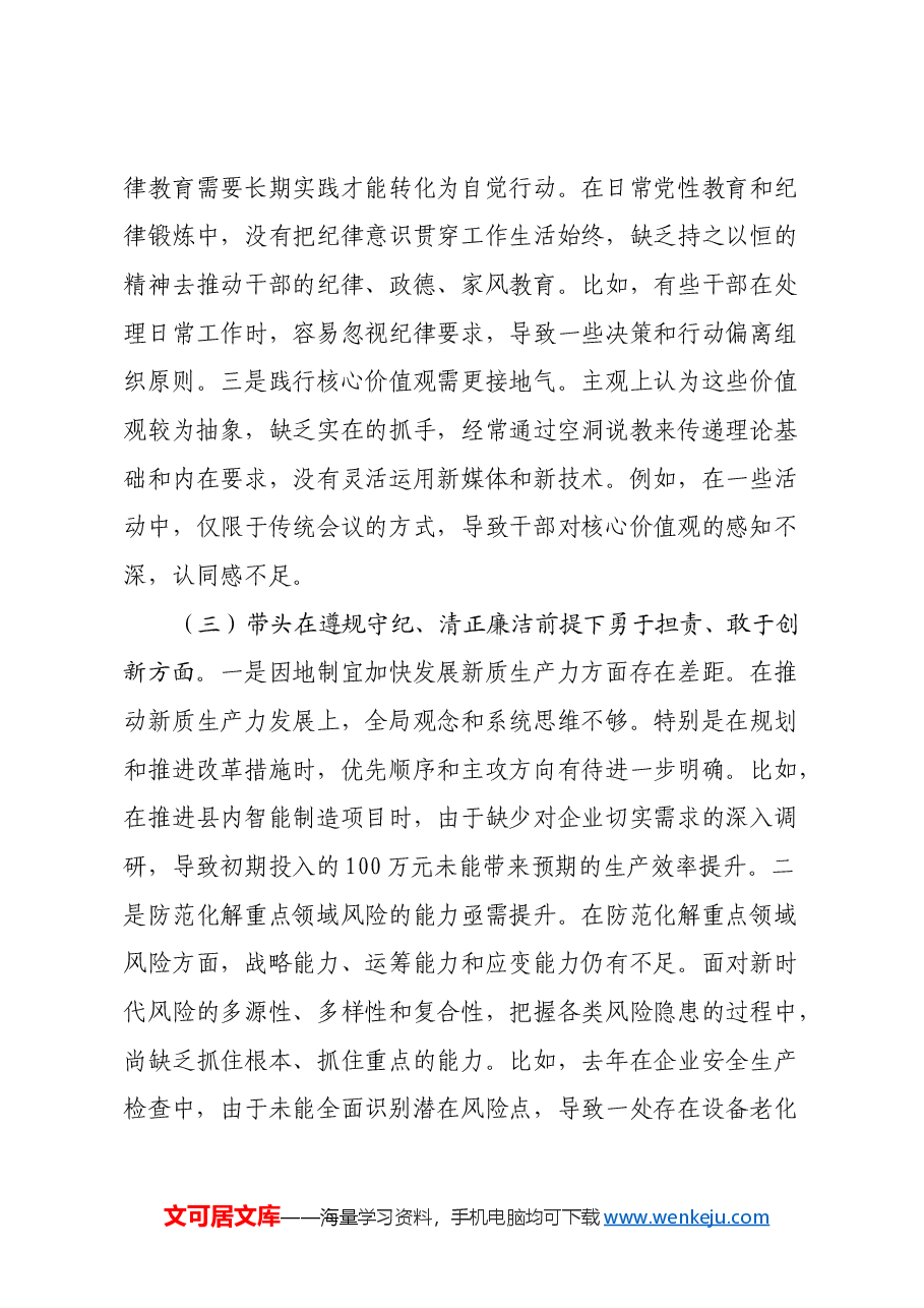 某县工信局局长2024年度民主生活会对照检查材料(四个带头+反面典型案例剖析).docx,第3页预览