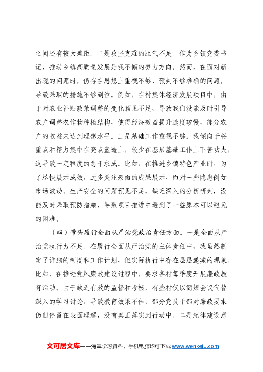 乡镇党委书记2024年度民主生活会对照检查材料(含案例剖析).docx,第4页预览