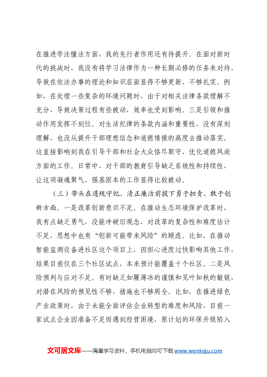市生态环境局局长2024年度民主生活会“四个带头”对照检查材料.docx,第3页预览