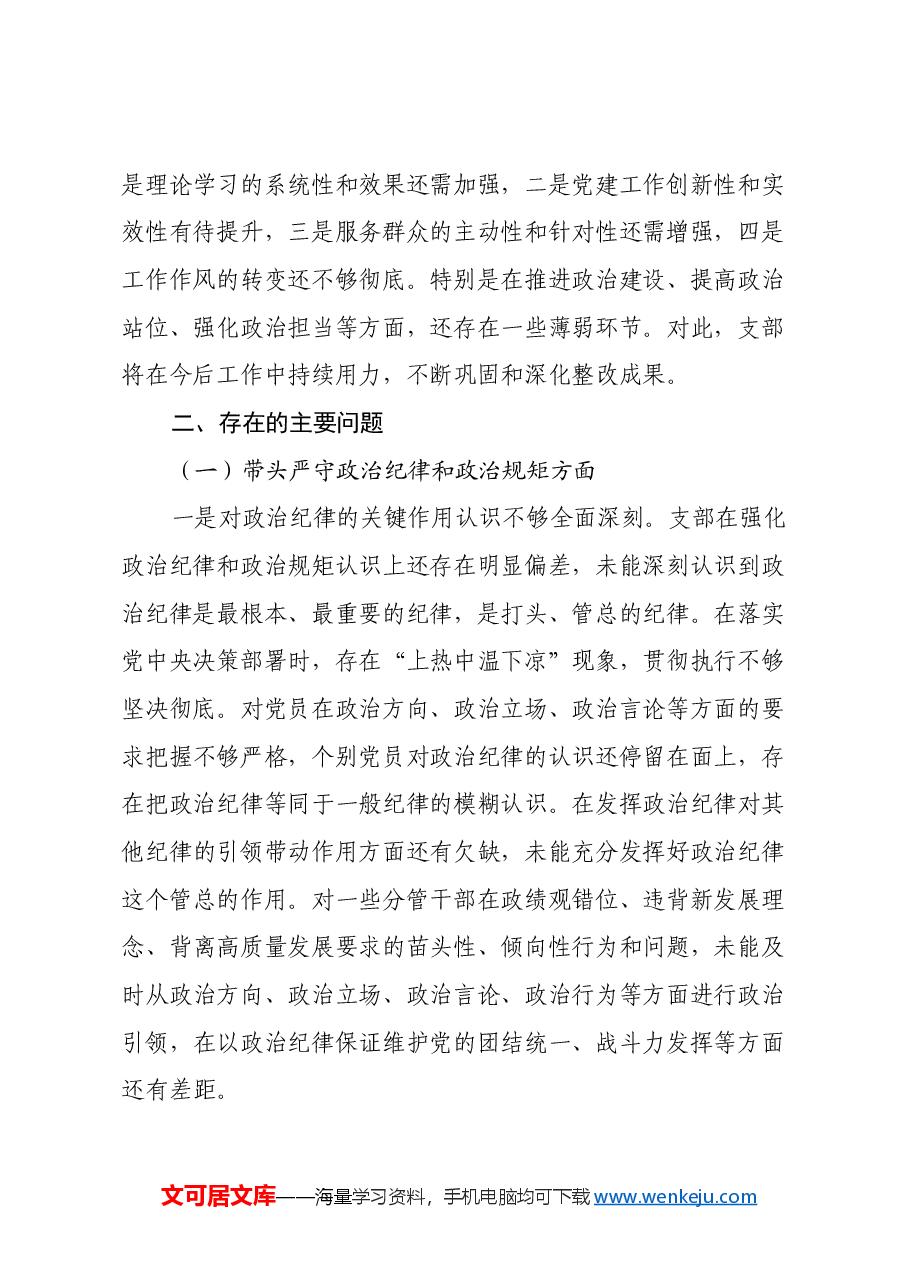 乡镇2024年度机关党支部组织生活会班子对照检查材料(四个带头).docx,第2页预览