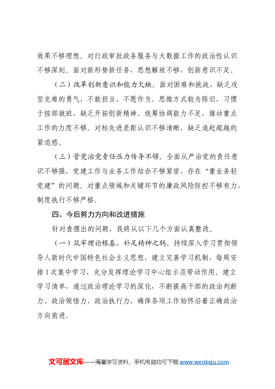 2024年审批局+民主生活会个人发言提纲（四个带头）.docx，第4页预览
