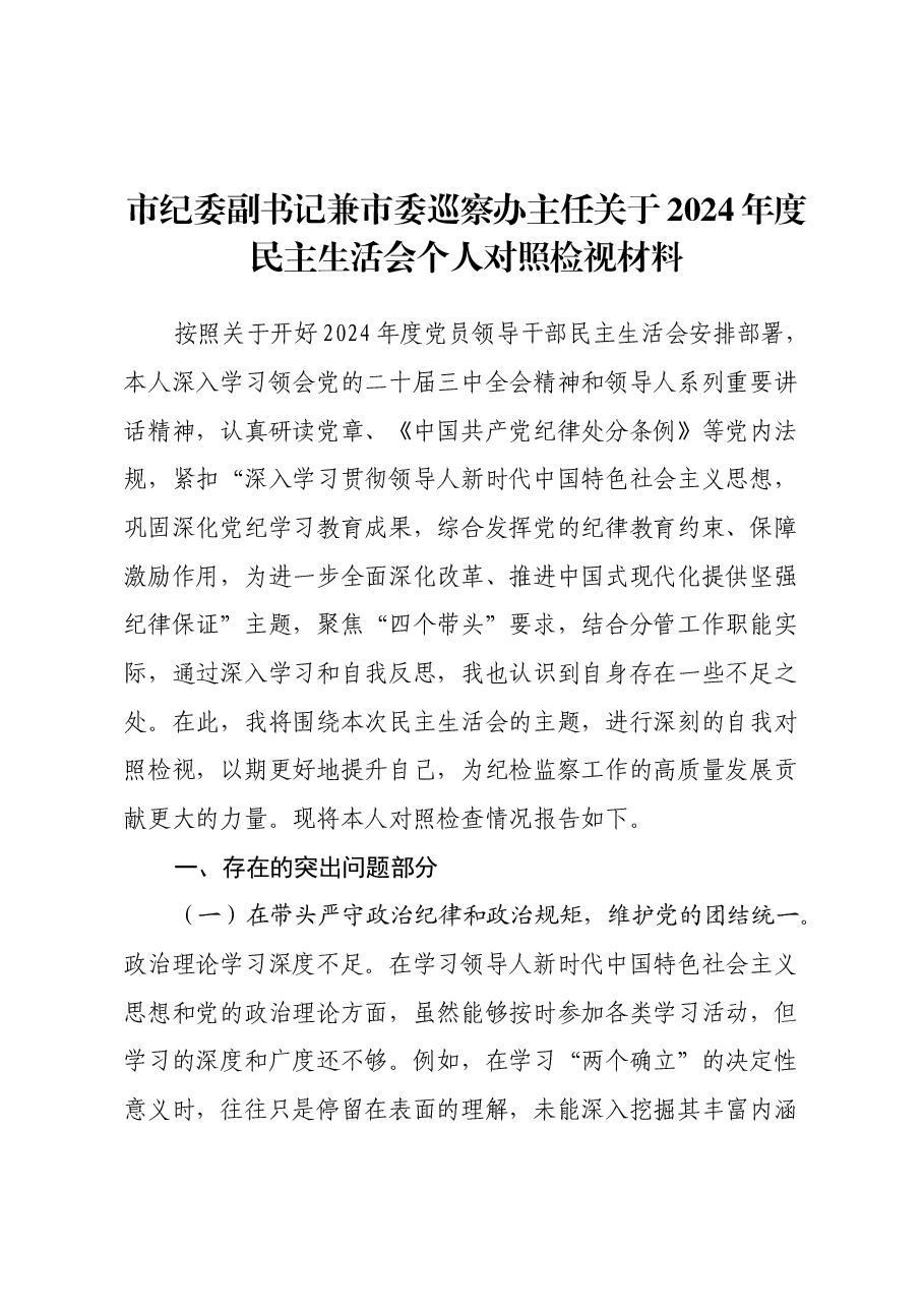 市纪委副书记兼市委巡察办主任关于2024年度民主生活会个人对照检视材料（四个带头+以案为鉴促改促治）.docx，第1页预览