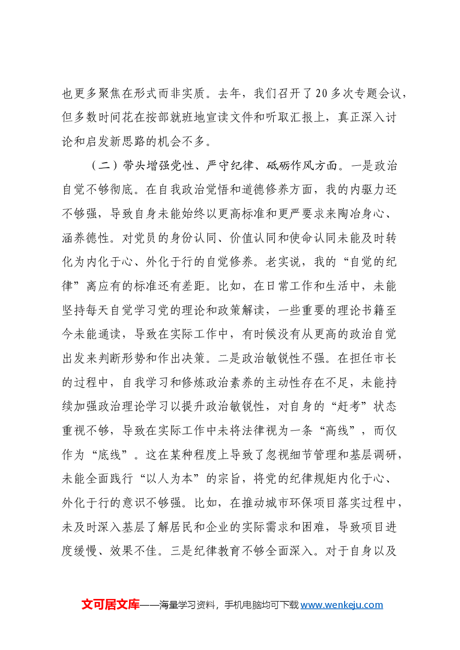 x市长2024年民主生活会对照检查材料（四个带头）.docx，第3页预览