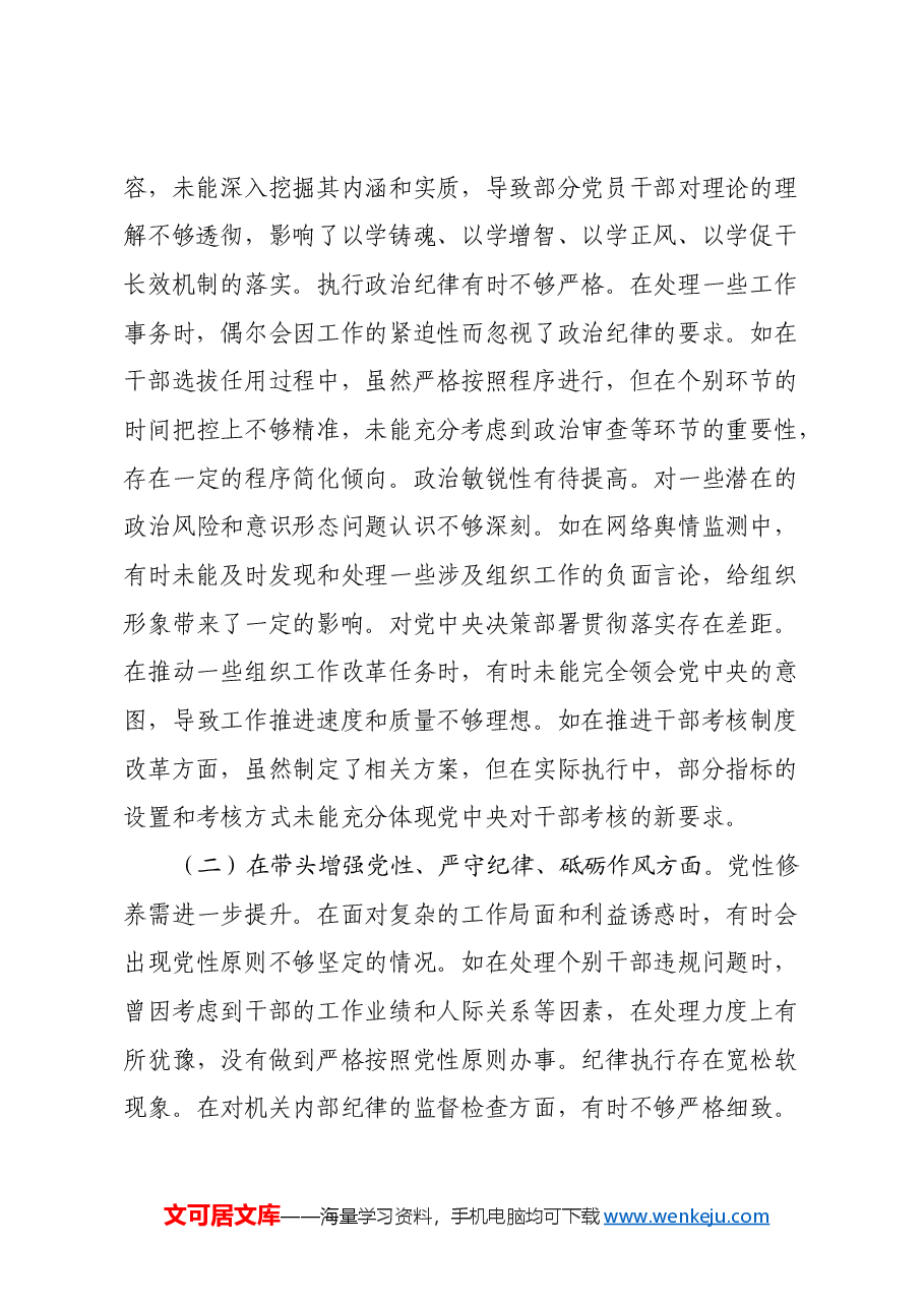 市委组织部分管日常工作副部长关于2024年度民主生活会个人对照检视剖析材料(四个带头+违纪行为典型案例剖析).docx,第2页预览