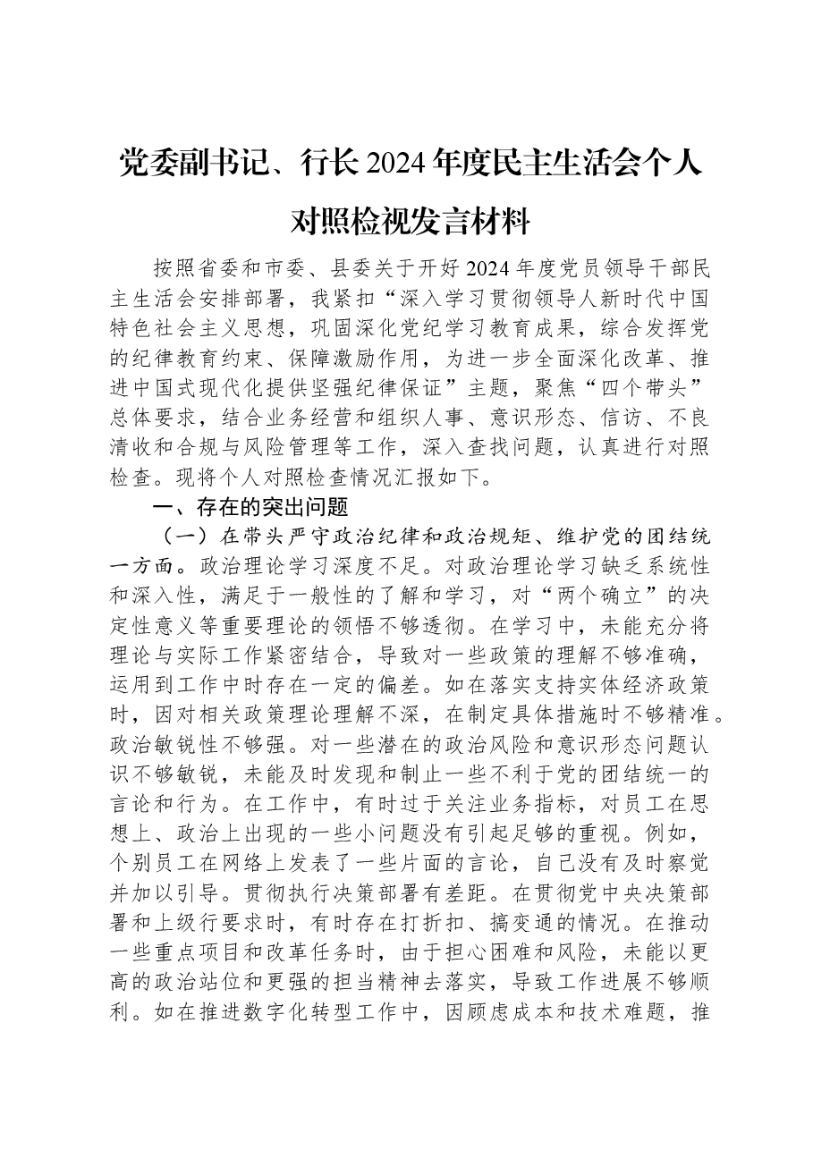 党委副书记、行长2024年度民主生活会个人对照检视发言材料.docx，第1页预览