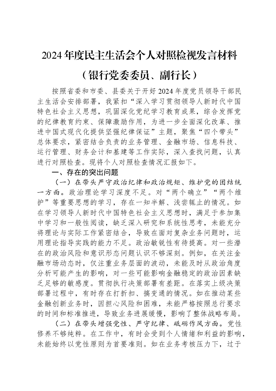 2024年度民主生活会个人对照检视发言材料（银行党委委员、副行长）.docx，第1页预览