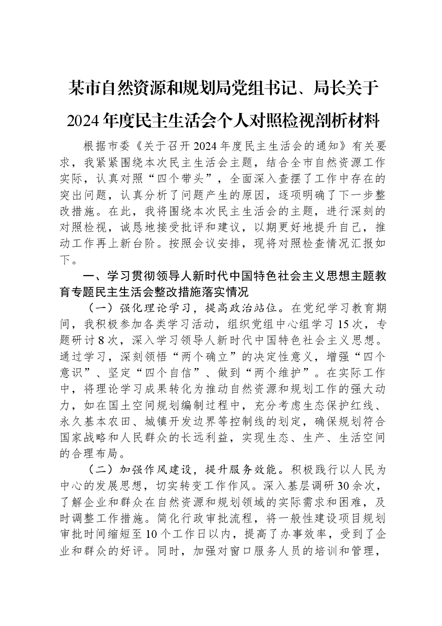 某市自然资源和规划局党组书记、局长关于2024年度民主生活会个人对照检视剖析材料.docx,第1页预览