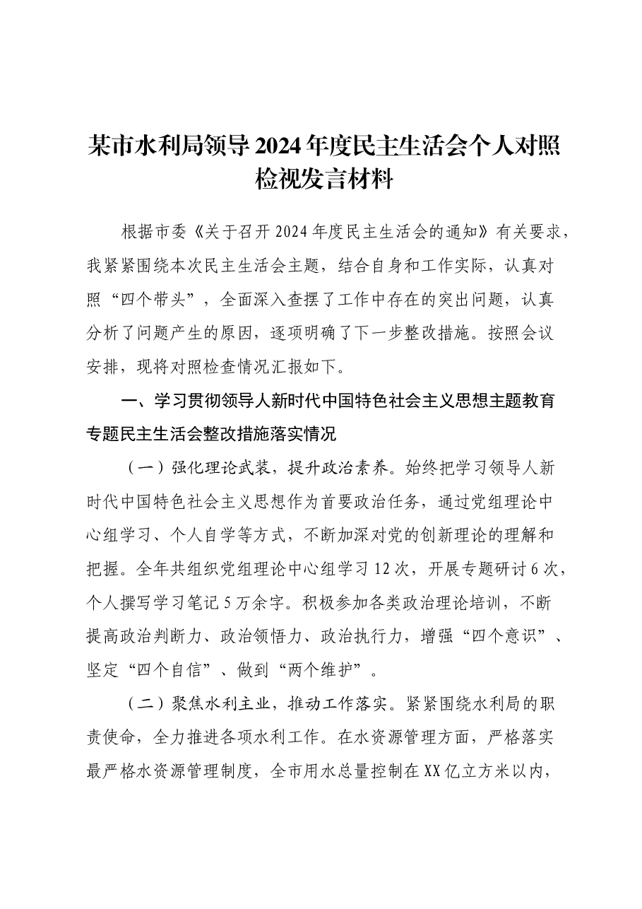 某市水利局领导2024年度民主生活会个人对照检视发言材料.docx,第1页预览