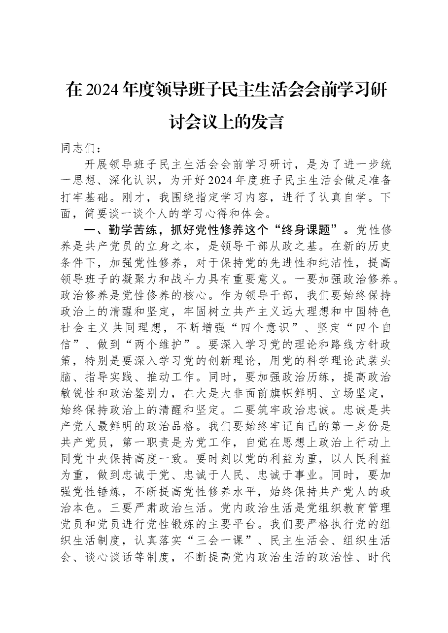 在2024年度领导班子民主生活会会前学习研讨会议上的发言.docx，第1页预览