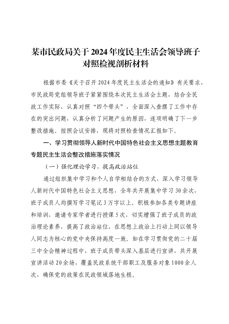 某市民政局关于2024年度民主生活会领导班子对照检视剖析材料.docx,第1页预览