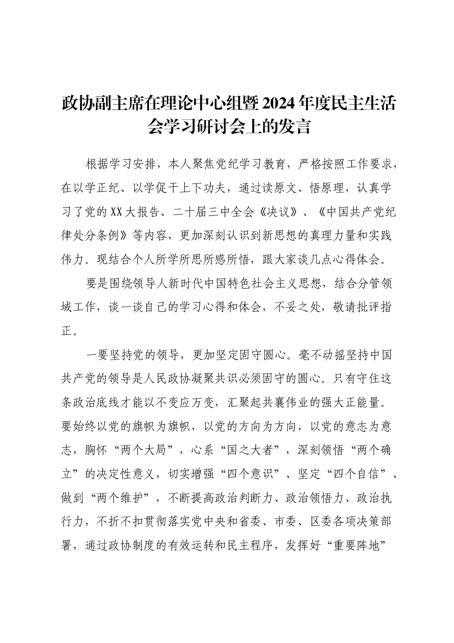 政协副主席在理论中心组暨2024年度民主生活会学习研讨会上的发言.docx,第1页预览