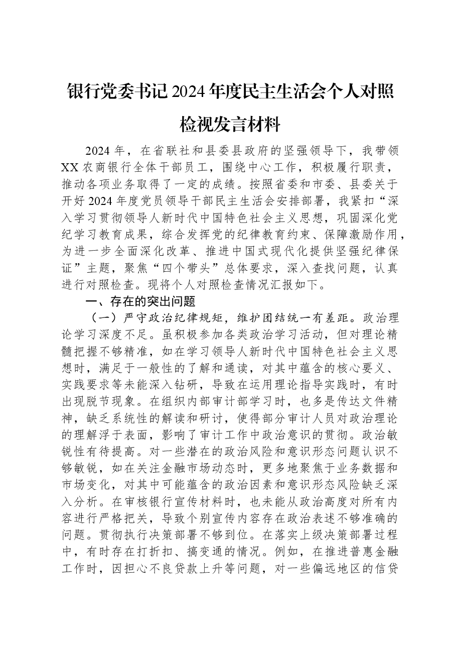 银行党委书记2024年度民主生活会个人对照检视发言材料.docx，第1页预览