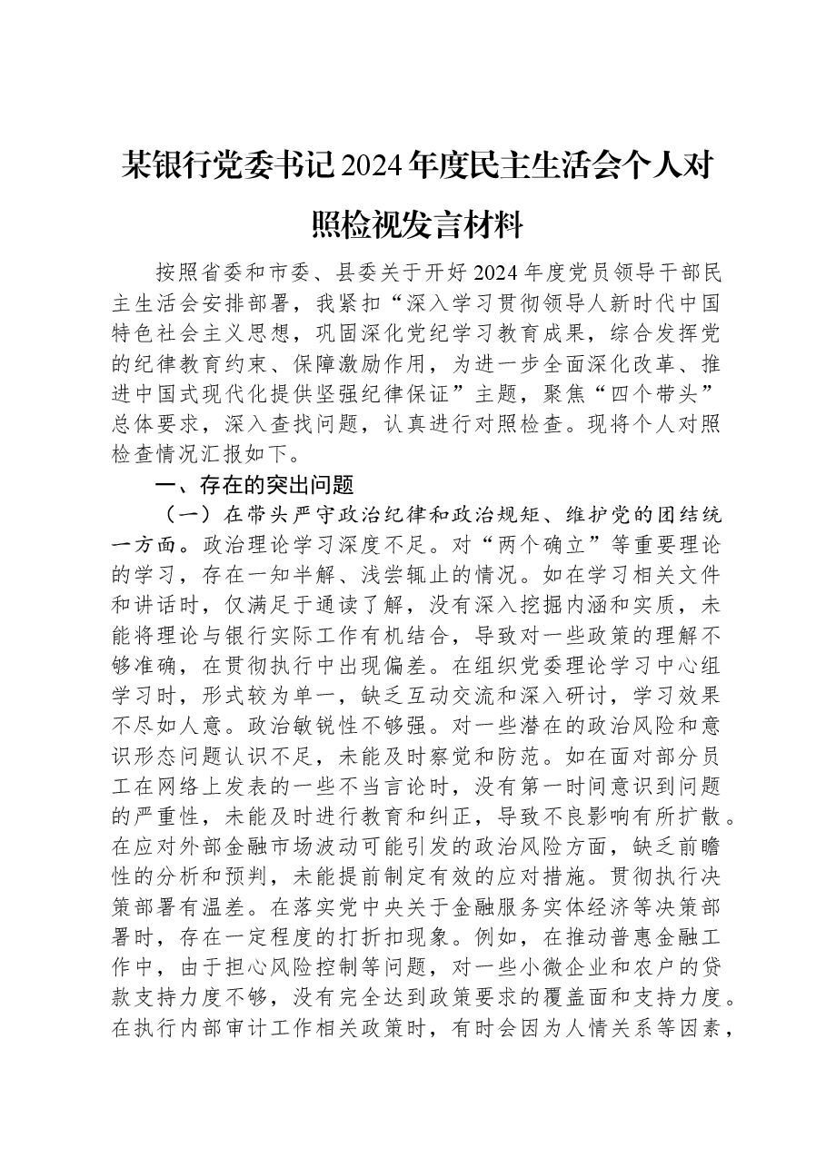 某银行党委书记2024年度民主生活会个人对照检视发言材料.docx,第1页预览