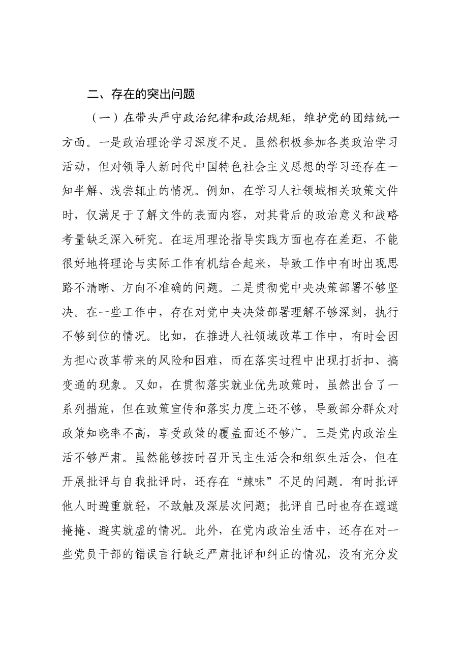 市人力资源和社会保障关于2024年度民主生活会领导班子对照检视剖析材料.docx,第3页预览