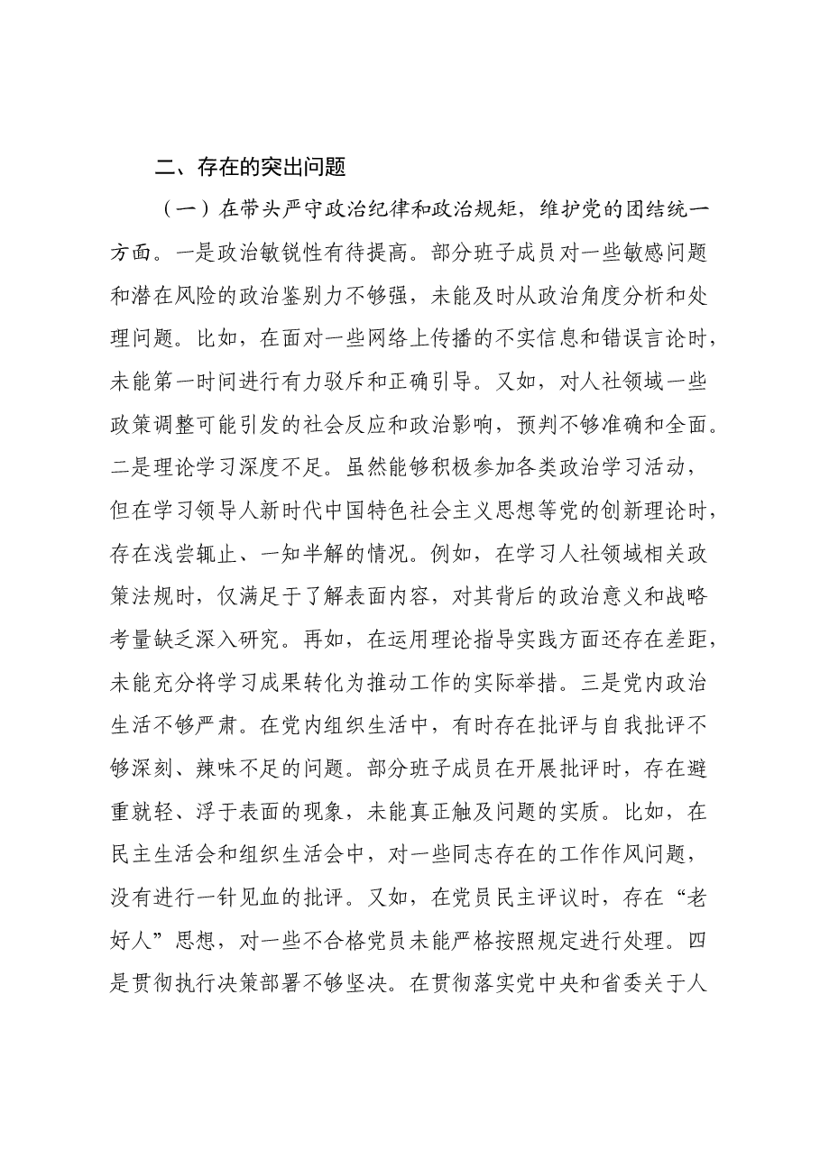 某市人力资源和社会保障关于2024年度民主生活会领导班子对照检视剖析材料.docx，第3页预览