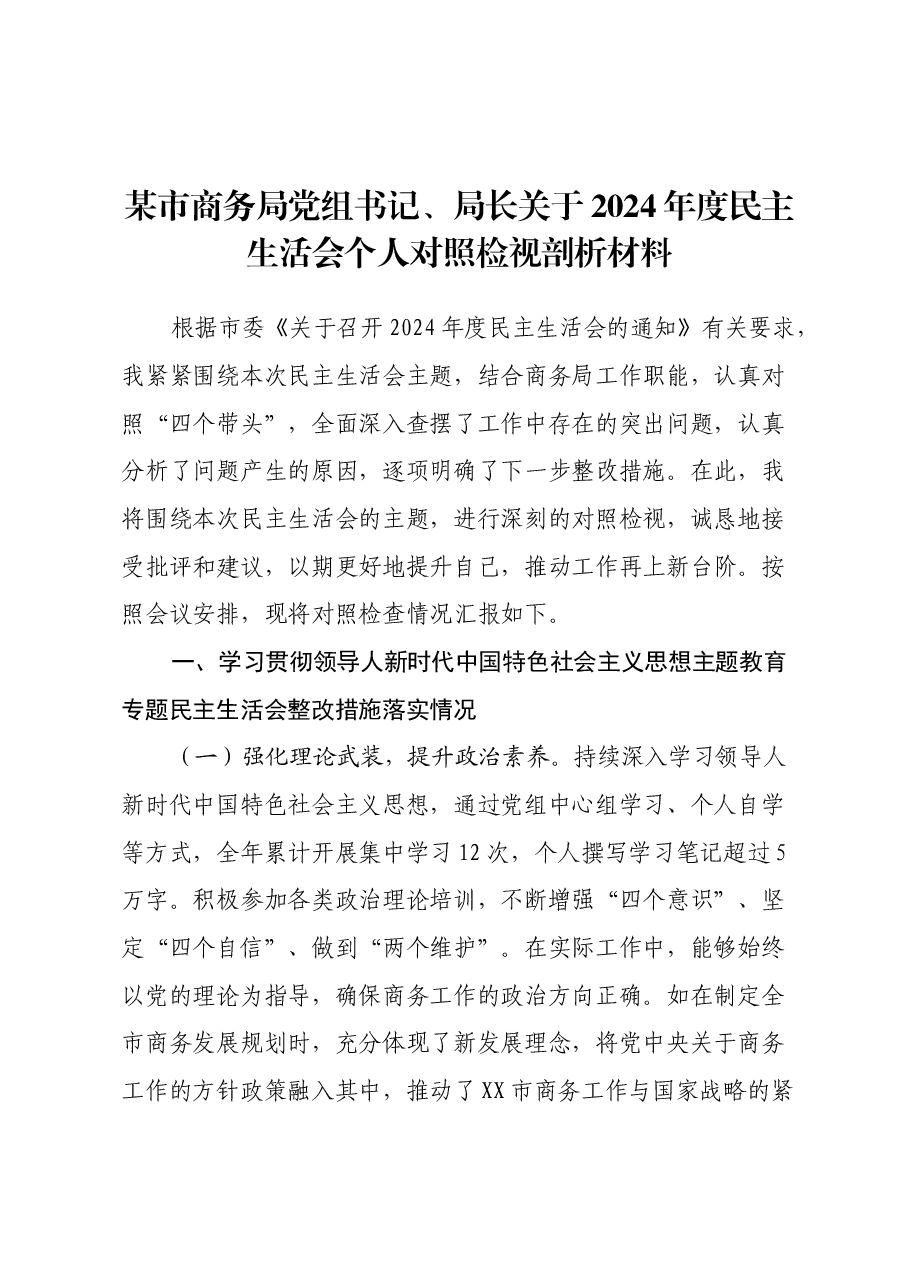 某市商务局党组书记、局长关于2024年度民主生活会个人对照检视剖析材料.docx,第1页预览