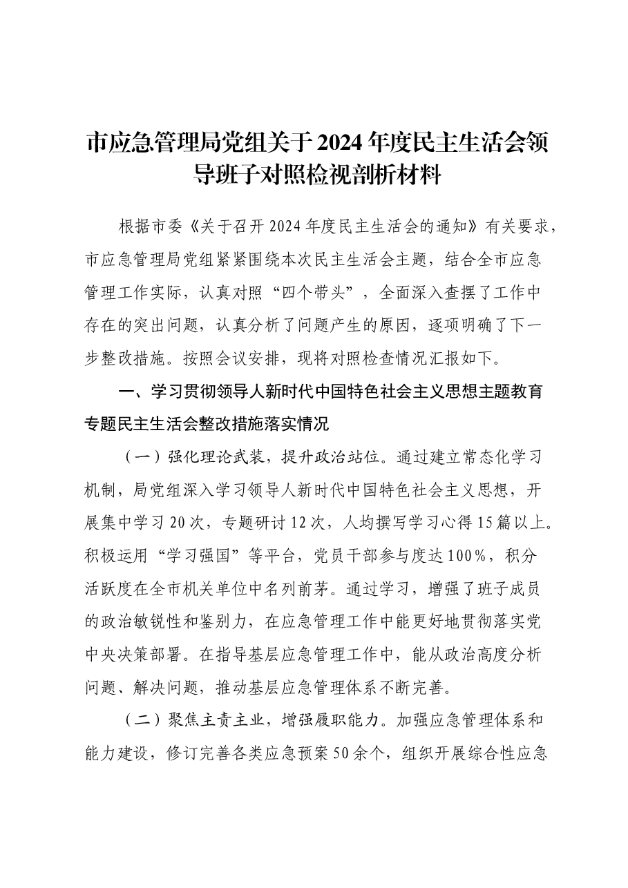 市应急管理局党组关于2024年度民主生活会领导班子对照检视剖析材料.docx,第1页预览