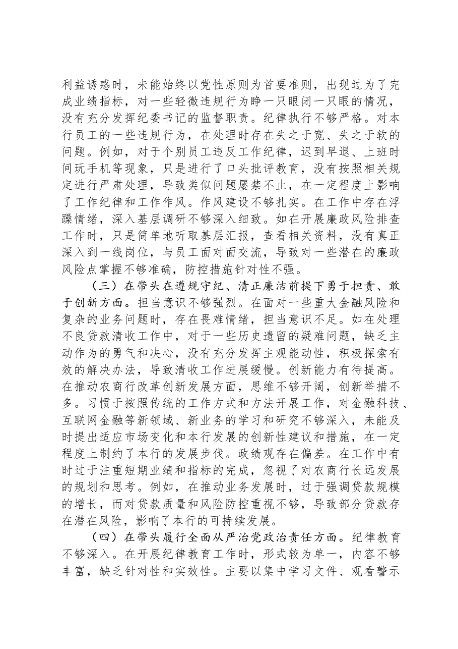 银行纪委书记2024年度民主生活会个人对照检视发言材料.docx,第2页预览
