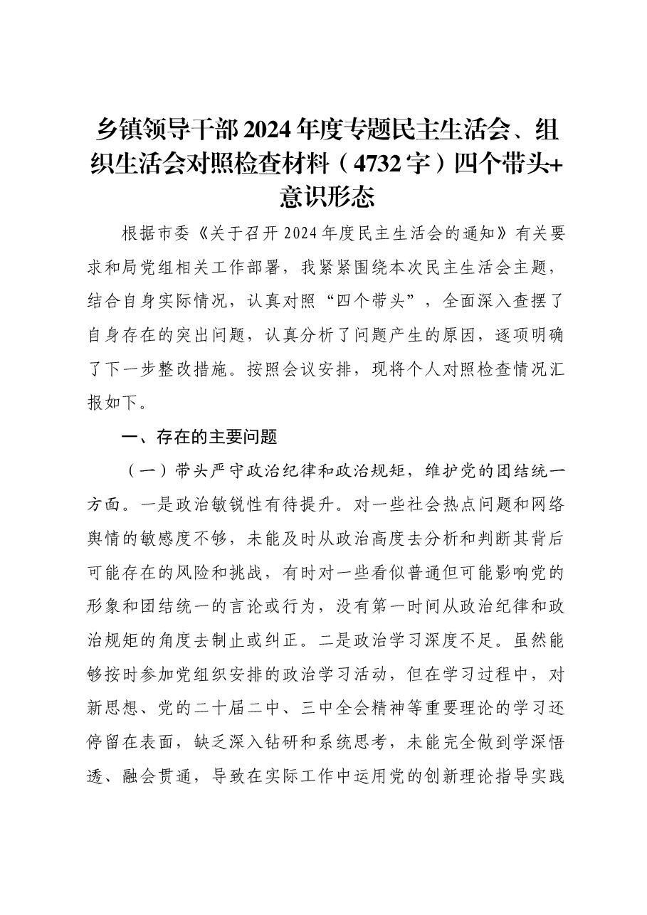 乡镇领导干部2024年度专题民主生活会、组织生活会对照检查材料四个带头 意识形态.docx,第1页预览