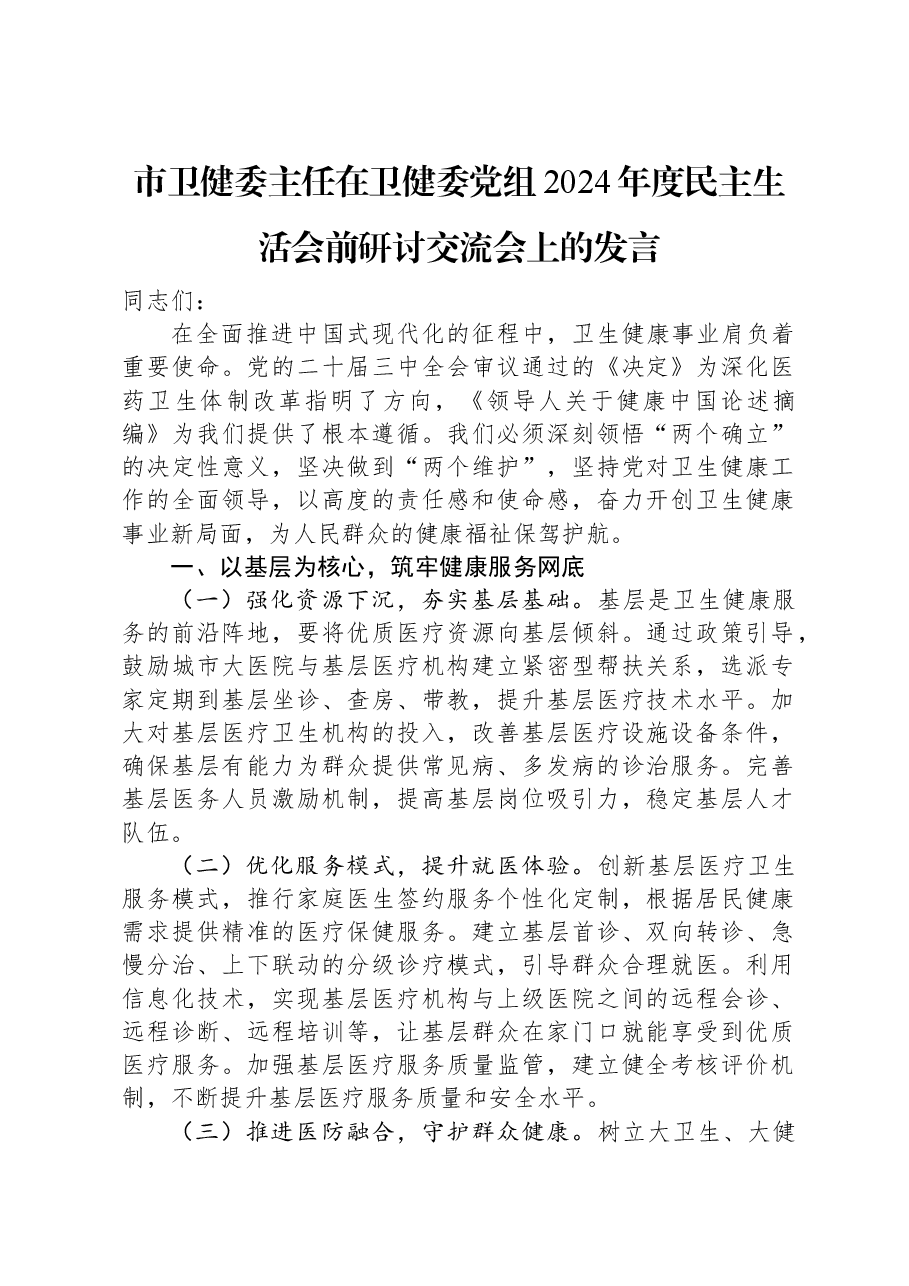 市卫健委主任在卫健委党组2024年度民主生活会前研讨交流会上的发言.docx，第1页预览