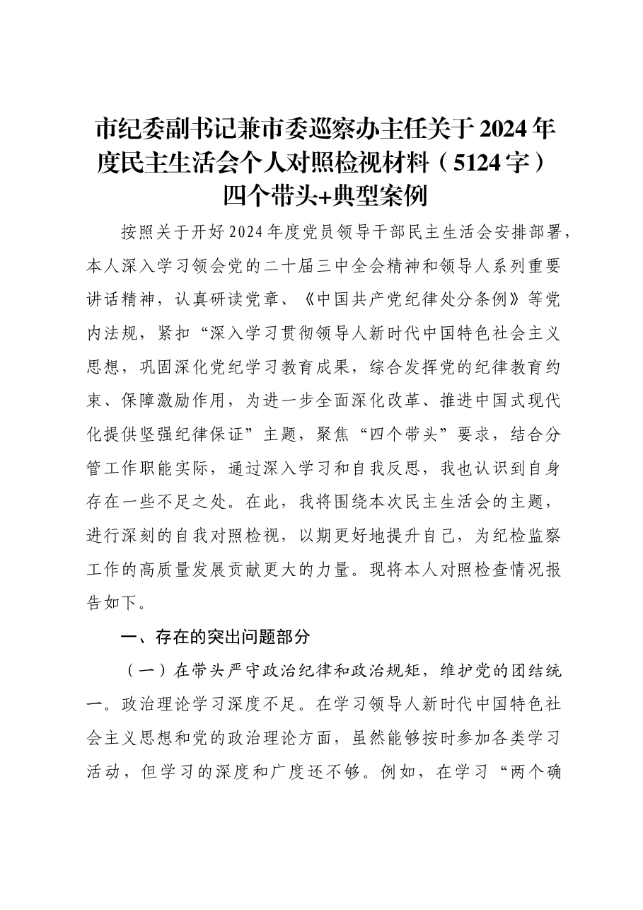 市纪委副书记兼市委巡察办主任关于2024年度民主生活会个人对照检视材料四个带头 典型案例.docx,第1页预览
