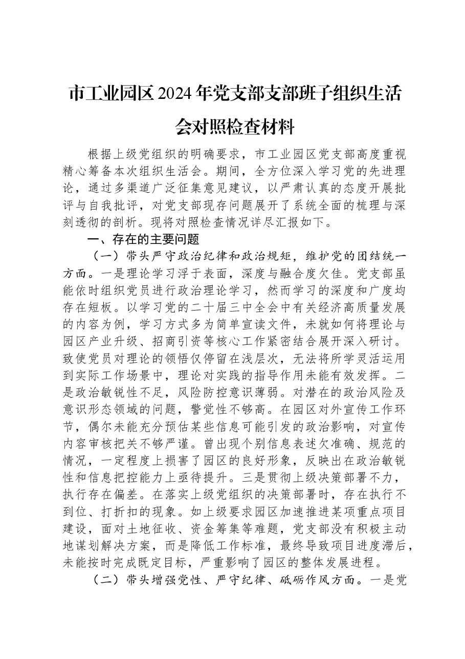市工业园区2024年党支部支部班子组织生活会对照检查材料.docx,第1页预览