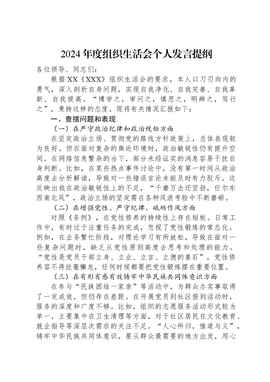 2024年度组织生活会个人发言提纲.docx,第1页预览