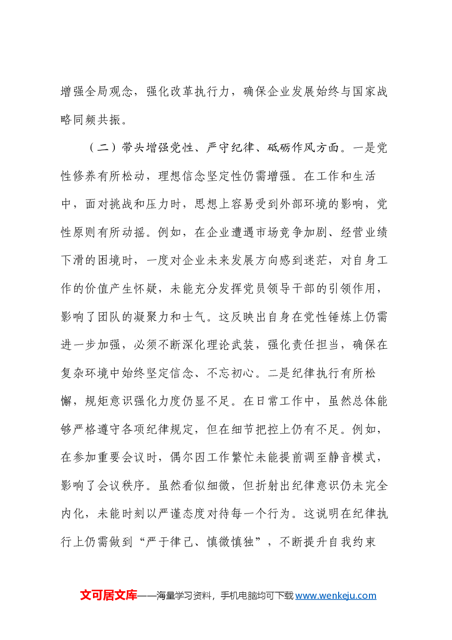 国企党委书记2024年度专题民主生活会、组织生活会对照检查材料(四个带头).docx,第3页预览