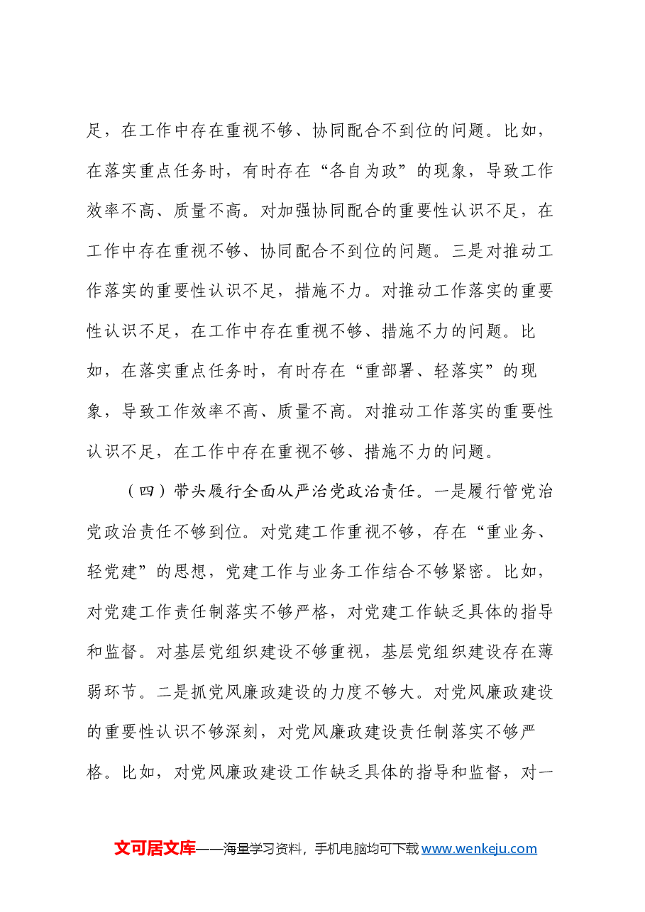 2024年度市直单位领导班子民主生活会对照检查材料（四个带头）.docx，第4页预览