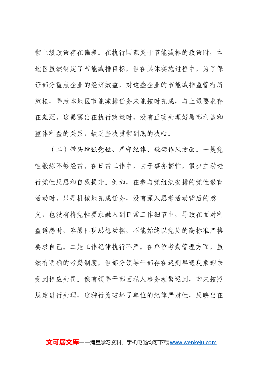 2024年度领导干部个人专题民主生活会、组织生活会对照检查材料(四个带头).docx,第2页预览