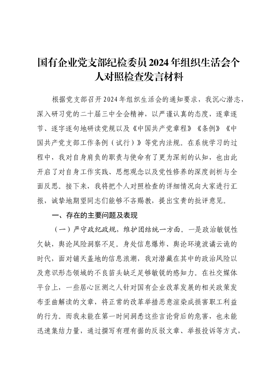 国有企业党支部纪检委员2024年组织生活会个人对照检查发言材料.docx,第1页预览
