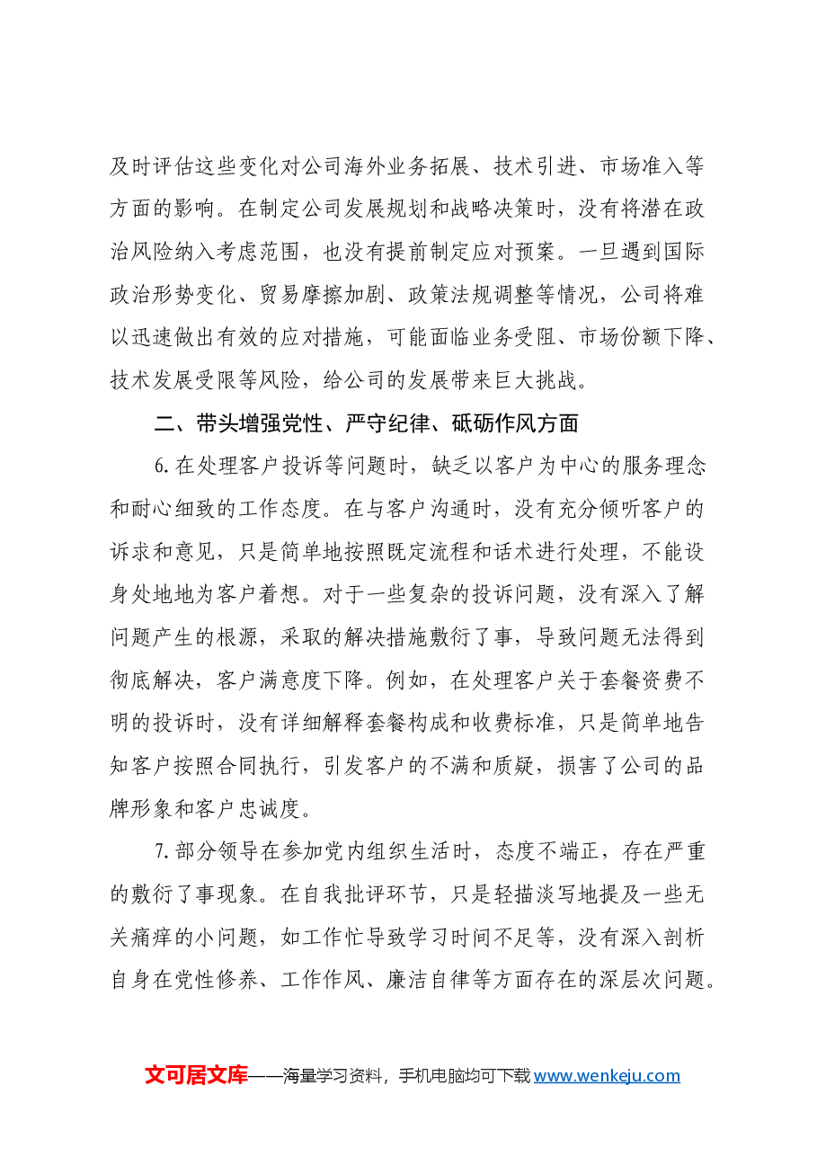 通信企业2024年民主生活会问题和意见建议.docx,第3页预览