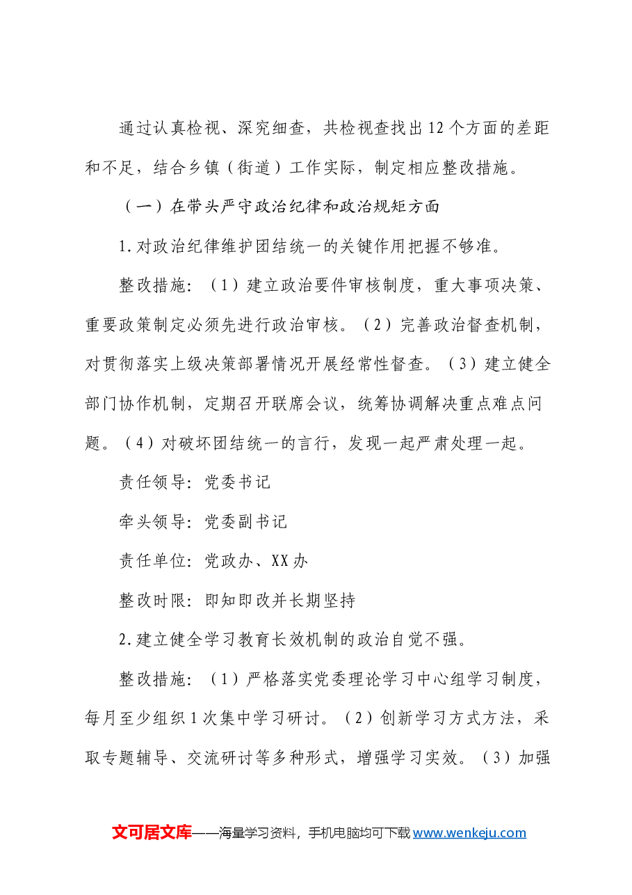 2024年度乡镇(街道)民主生活会班子检视问题整改方案(四个带头).docx,第4页预览
