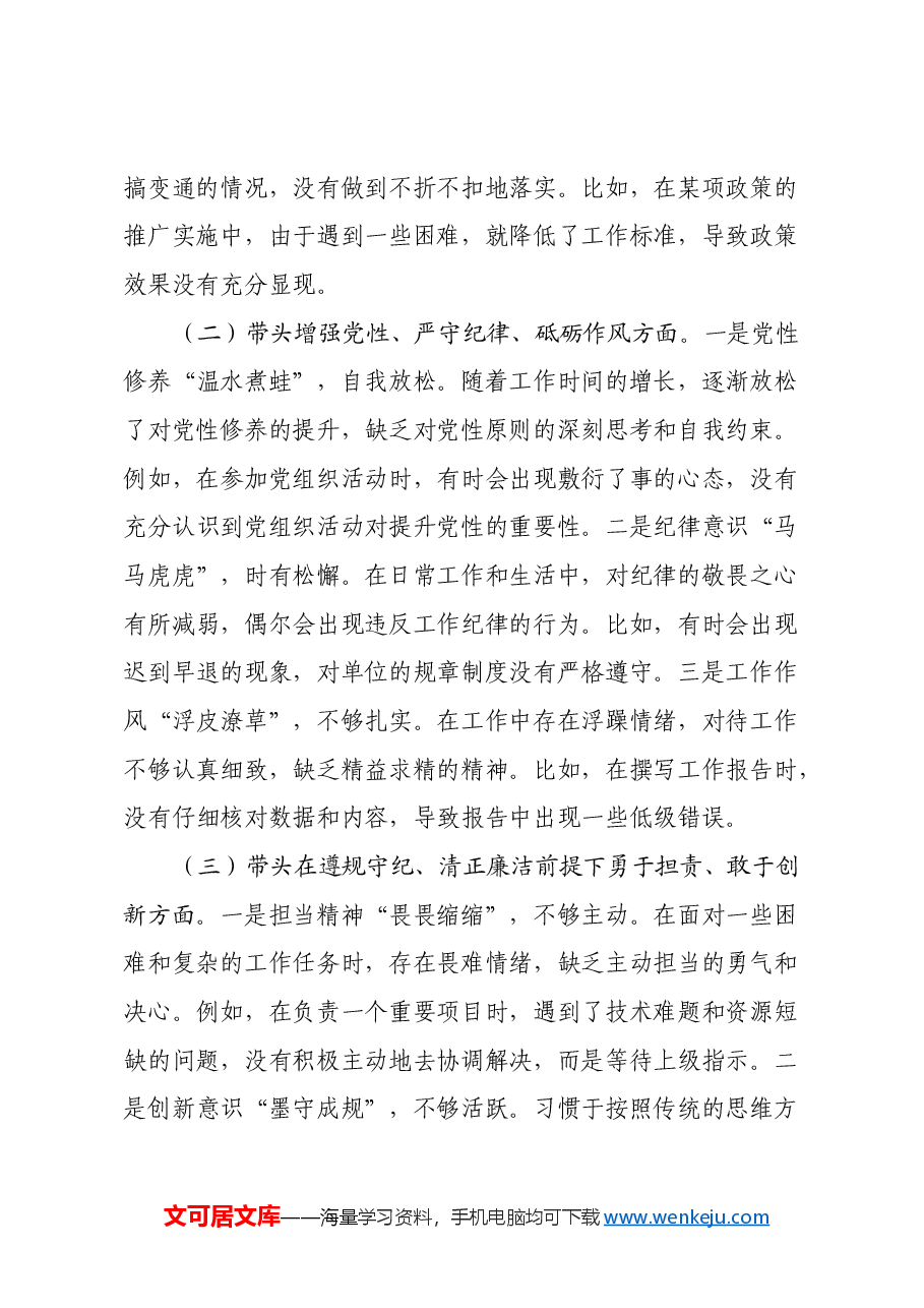 市直单位党员干部2024年度民主生活会对照检查发言材料(四个带头).docx,第2页预览