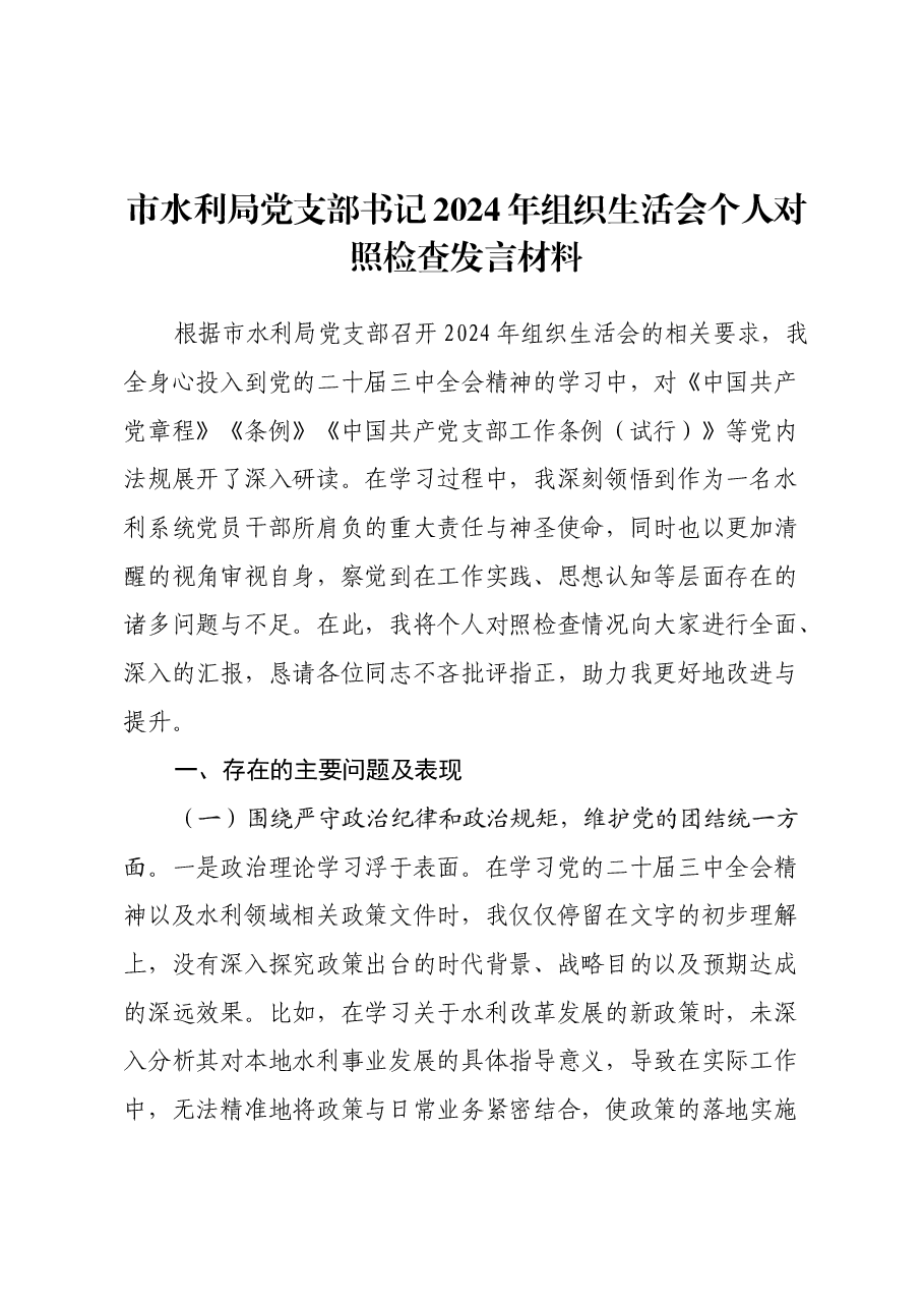 市水利局党支部书记2024年组织生活会个人对照检查发言材料(四个带头+意识形态).docx,第1页预览