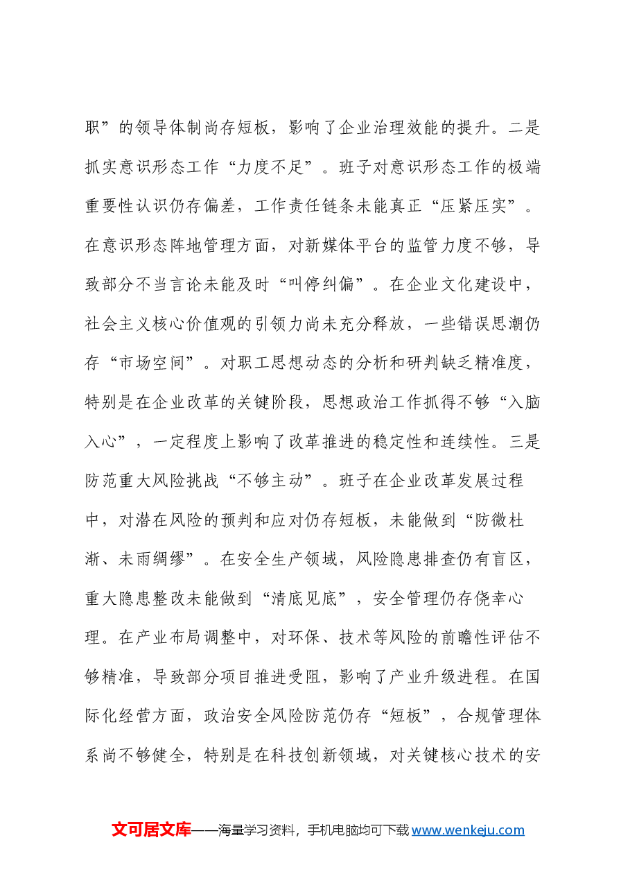 国企党委领导班子2024年度专题民主生活会对照检查材料.docx，第2页预览