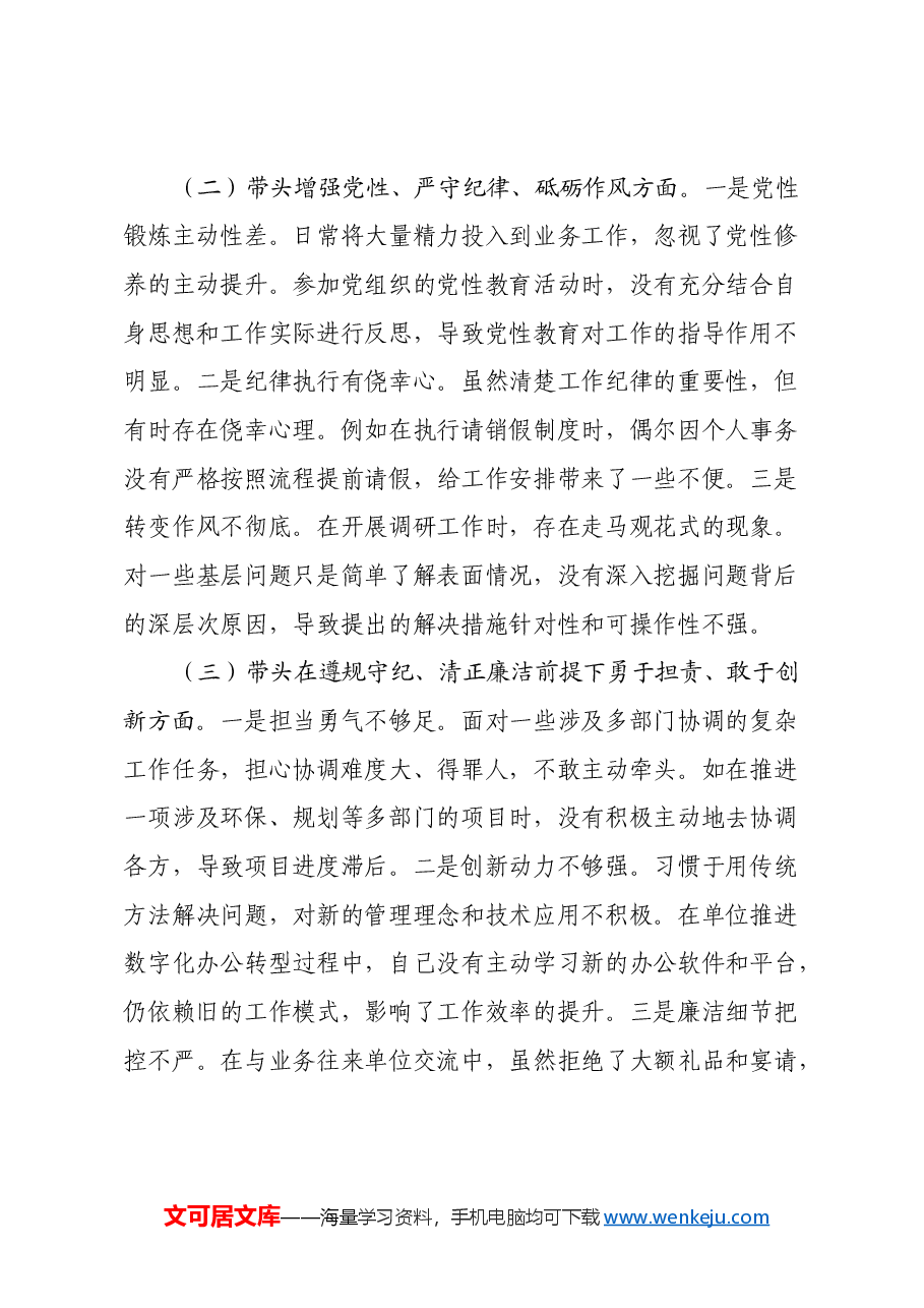 市直单位领导干部2024年度专题民主生活会对照检查材料(四个带头+典型案例).docx,第2页预览