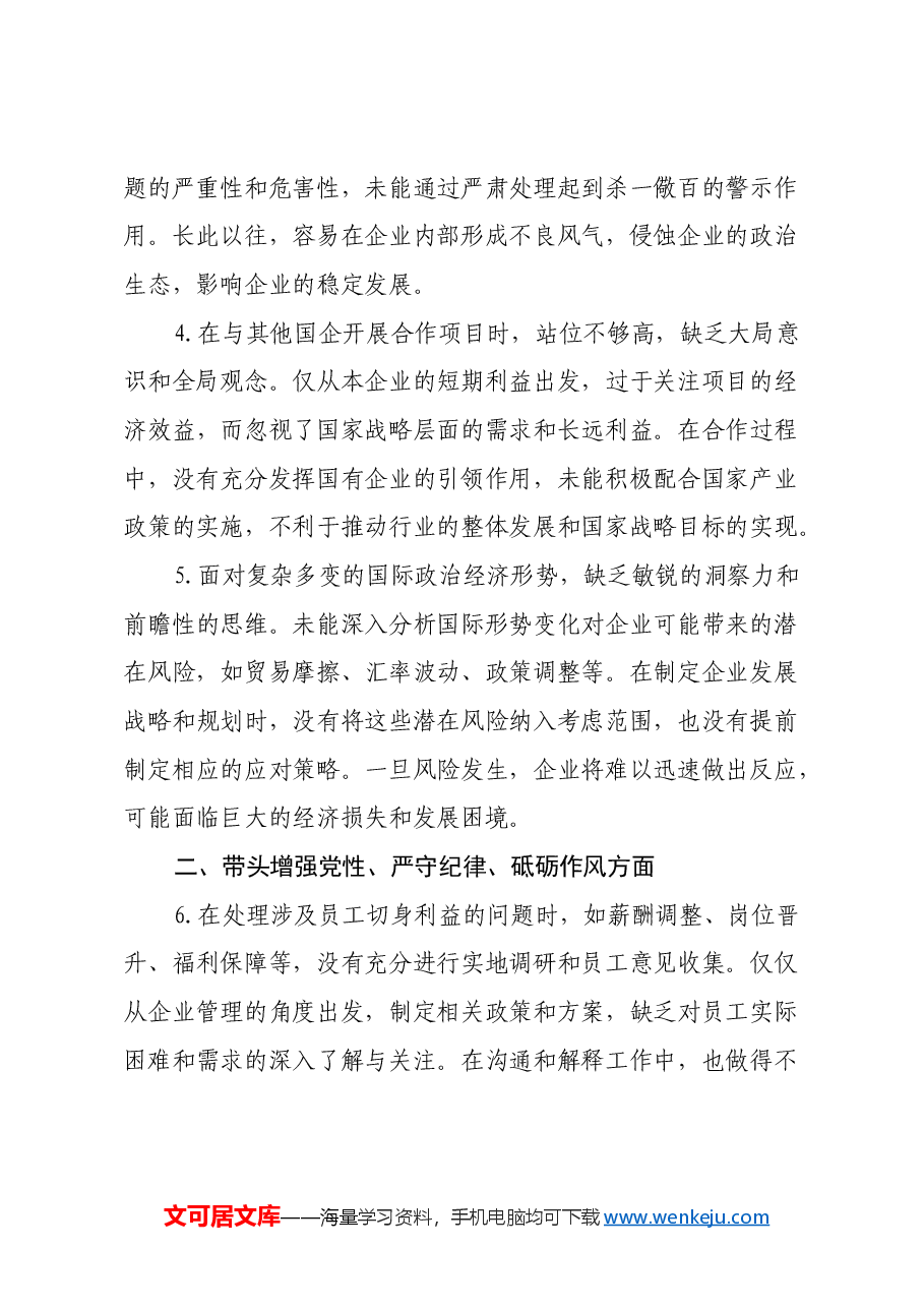 国企领导2024年民主生活会存在问题和意见建议.docx,第2页预览