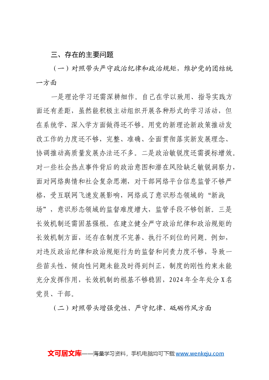 2024年度民主生活会班子成员个人对照检查材料(上年度主题教育整改措施落实情况+会前开展学习情况+四个带头+反面典型案例剖析).docx,第3页预览