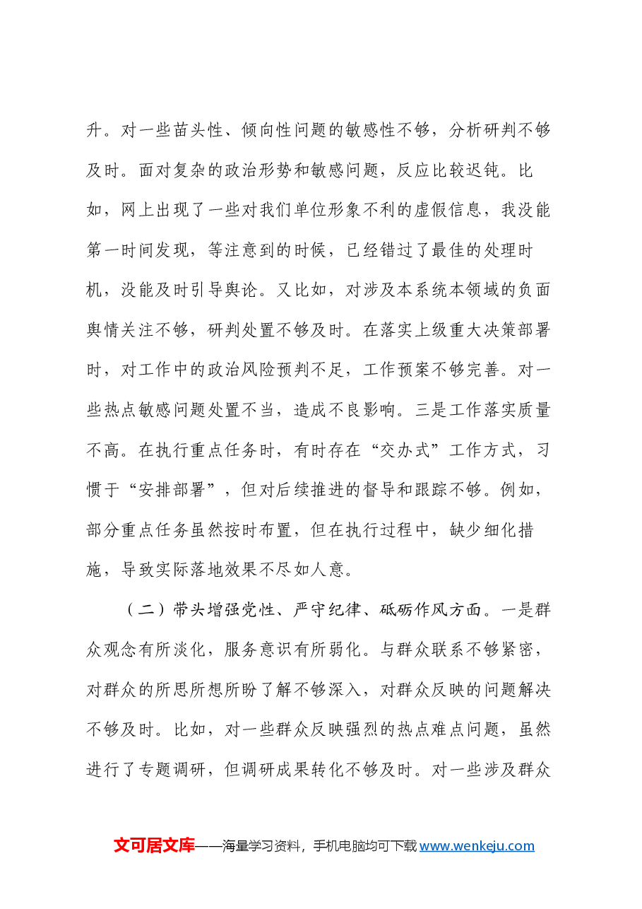 2024年度市直单位领导班子民主生活会对照检查材料（四个带头）.docx，第2页预览