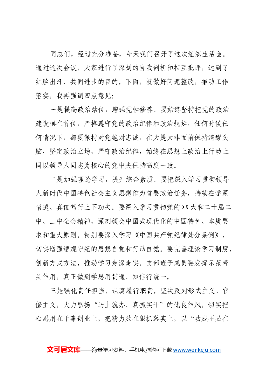 基层党组织2024年度组织生活会主持讲话材料.docx,第2页预览