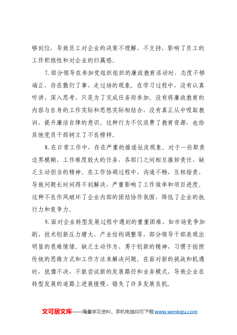 国企领导2024年民主生活会存在问题和意见建议.docx,第3页预览